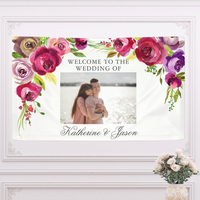 Banderoles Fuchsia rose Floral Romantique Photo Mariage Bienv (Créateur téléchargé)