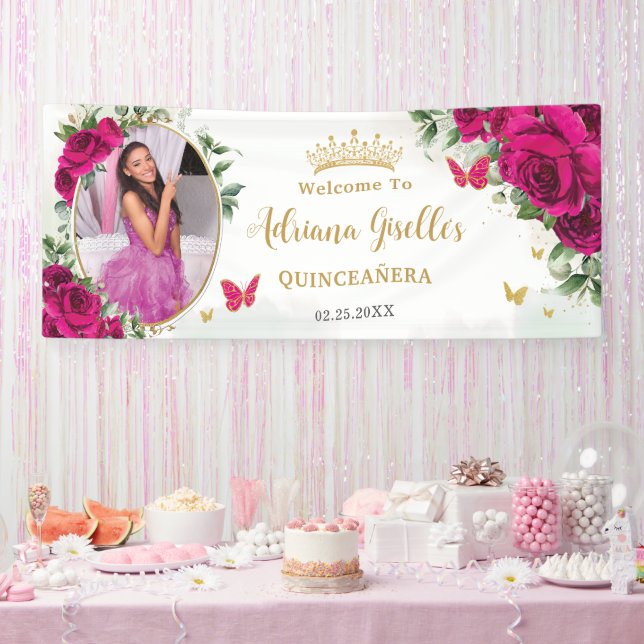 Banderoles Fuchsia Roses rose chaud Floral Quinceañera Photo (Fête)