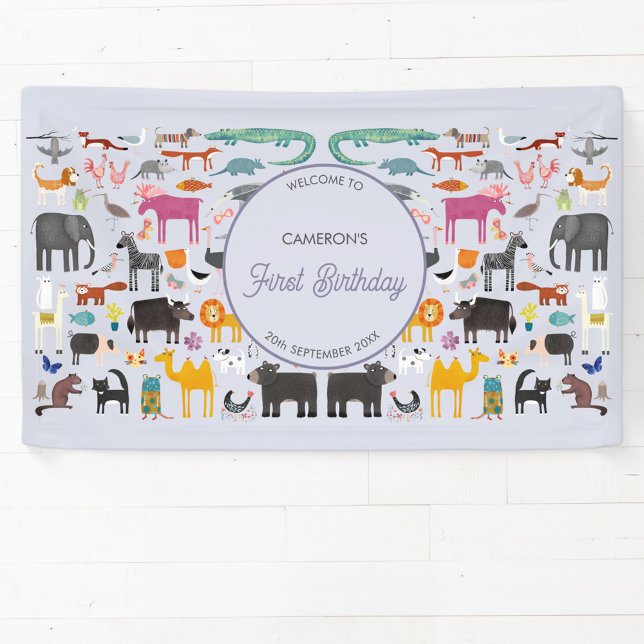 Banderoles Fun Animal Personnalisé Première fête d'anniversai (Fun animal menagerie personalized custom text first birthday party welcome banner)