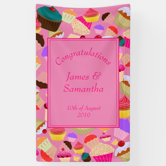 Banderoles Fun, Cupcake rose vif - Mariage (Vertical)