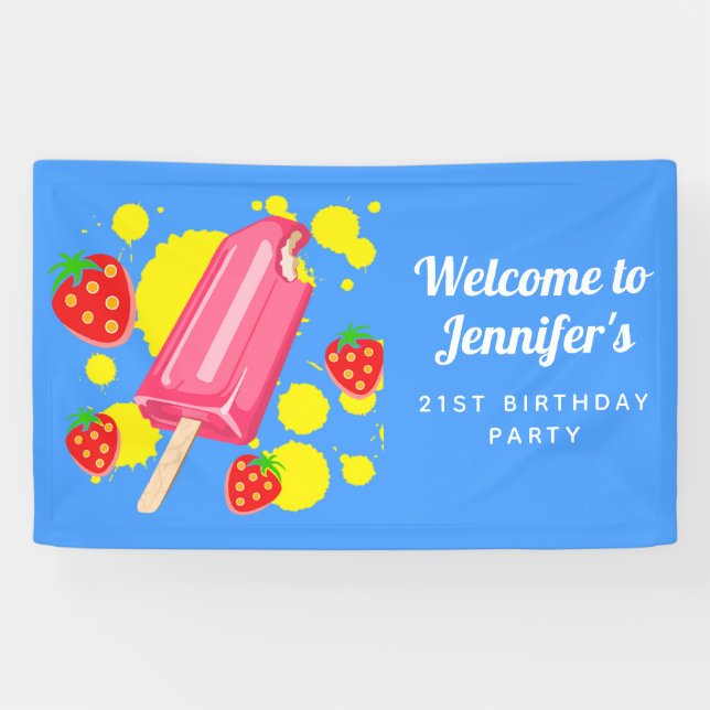 Banderoles Fun Popsicle rose et fraises Anniversaire (Horizontal)
