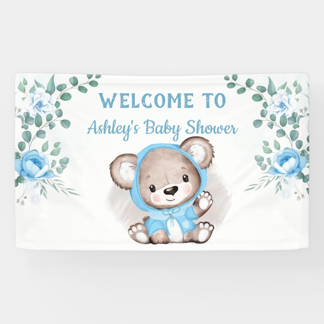 Banderoles Garçons Bleu Ours Floral Baby shower personnalisé (Horizontal)