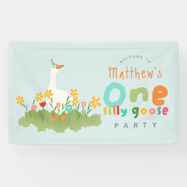 Banderoles Garçons Blue One Silly Goose 1er anniversaire Bien (Horizontal)