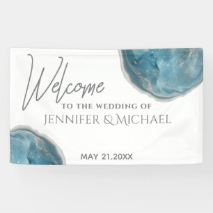 Banderoles Géode Agate bleu rose or calligraphie mariage