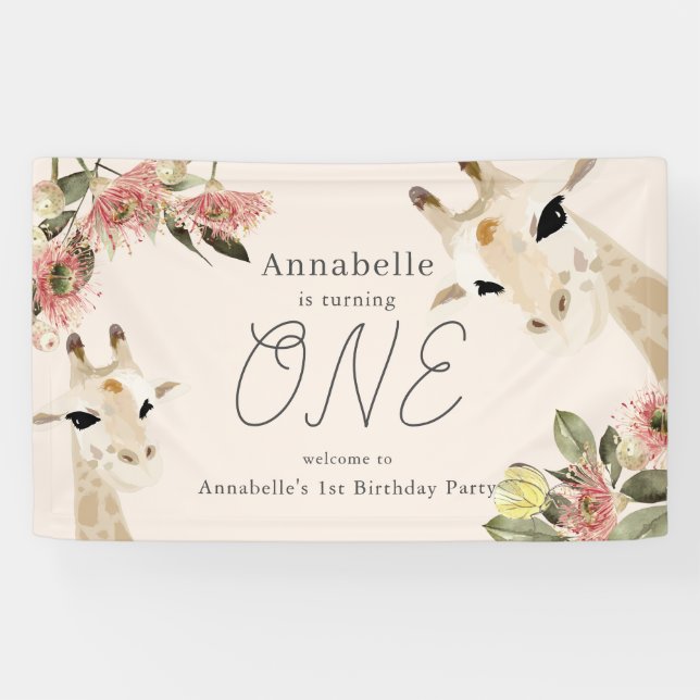 Banderoles Giraffe Rose Floral Girl 1er anniversaire (Horizontal)