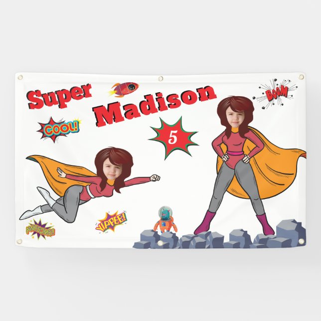 Banderoles Girl Superhero Flying 💥 Birthday Photo (Horizontal)
