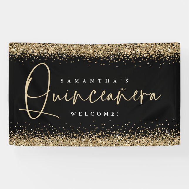 Banderoles Glam Gold Nom de la Parties scintillant Welcome Qu (Horizontal)