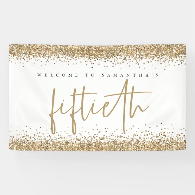 Banderoles Glam Gold Parties scintillant Nom Bienvenue Cinqua (Horizontal)