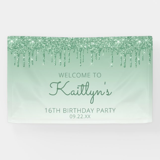 Banderoles Glam Green Parties scintillant Drip 16th Birthday  (Horizontal)