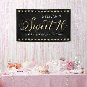 Banderoles Glamour Black Gold Heart Sweet 16 Anniversaire