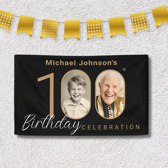 Banderoles Gold Black Elegant Photo 100th Birthday Party (Mockup View)