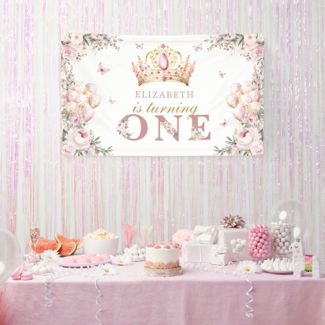 Banderoles Gold Crown Princesse Fille 1er anniversaire Blush  (Fête)