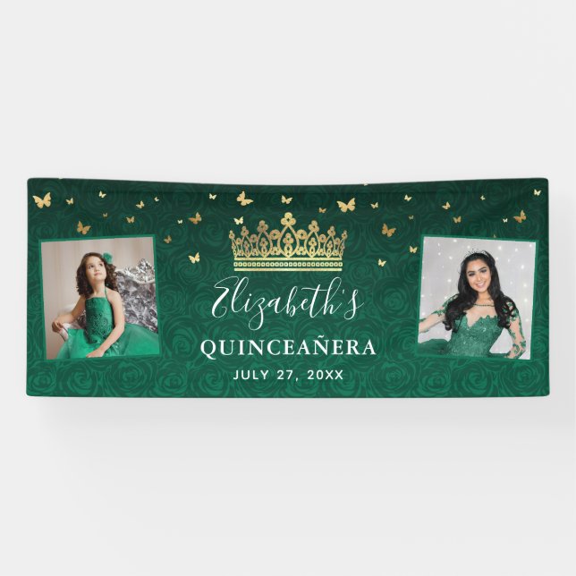 Banderoles Gold et Green Roses 2 Photo Anniversaire Quinceane (Horizontal)