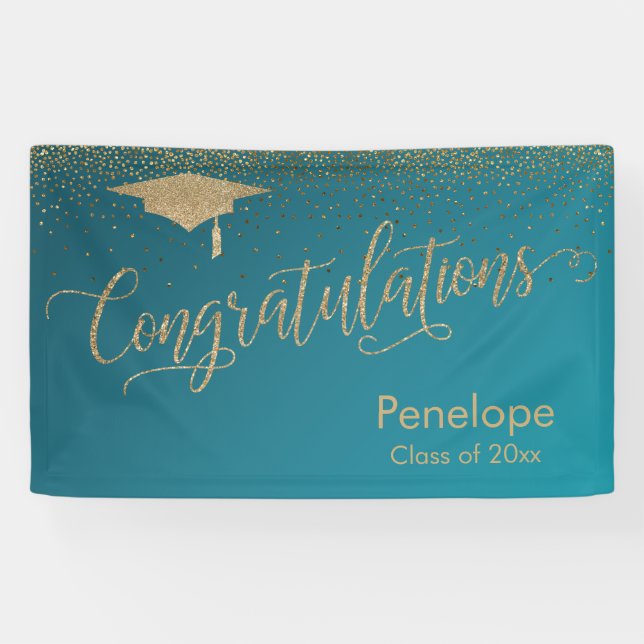 Banderoles Gold Félicitations Graduation Ombre Turquoise (Horizontal)