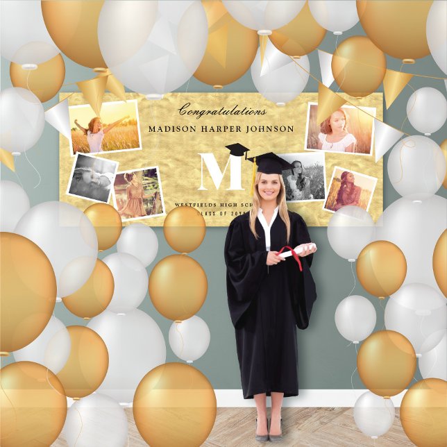 Banderoles Gold Foil Classic Monogramme 6 Photo Chic Grad Par (Gold Faux Foil Name Monogram 6 Photo Chic Graduation Party Banner @ www.zazzle.com/color_therapy)