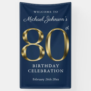Banderoles Gold Navy Blue 80th Birthday Party Elégant Bienven