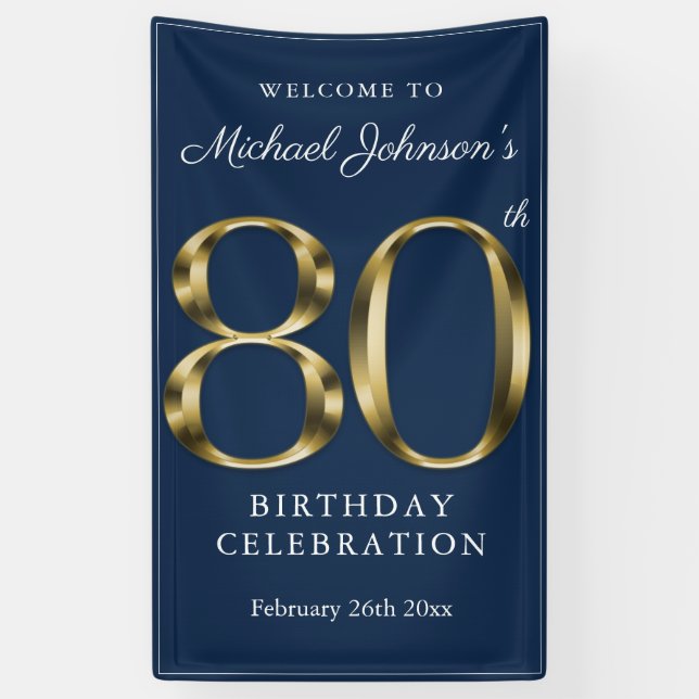 Banderoles Gold Navy Blue 80th Birthday Party Elégant Bienven (Vertical)