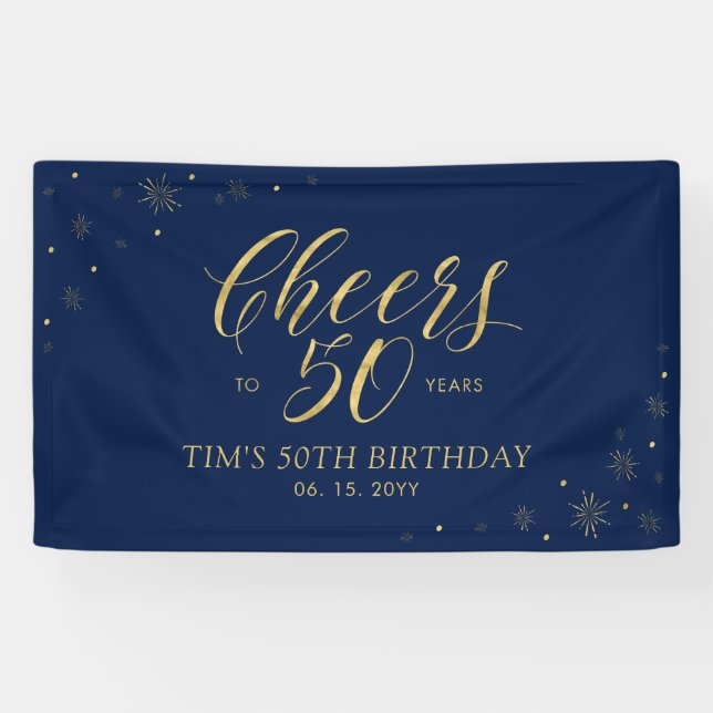 Banderoles Gold & Navy Modern Cheers 50e fête d'anniversaire (Horizontal)