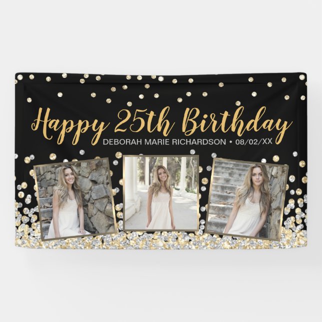 Banderoles Gold Silver Confeti Photo Collage 25e Birthday (Horizontal)