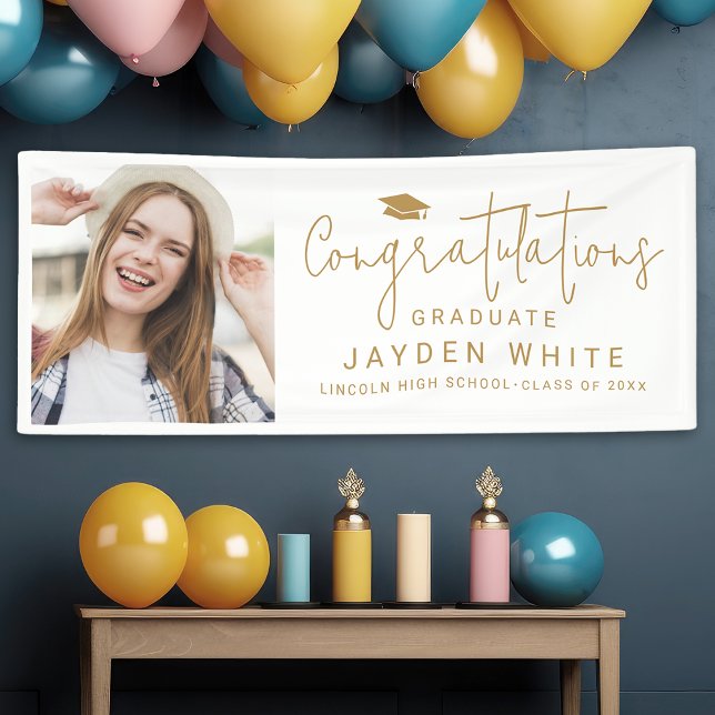 Banderoles Gold Simple Modern Script Photo Graduation Party (Gold Simple Modern Script Photo Graduation Party Banner)