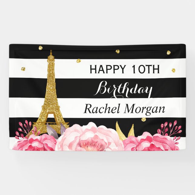 Banderoles Gold Tour Eiffel Fête Anniversaire de enfant fille (Horizontal)