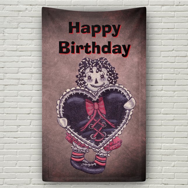 Banderoles Gothic Rag Doll Lace Trimmed black Heart Red Black (Gothic rag doll red dress with lace trimmed black hearts on black, grey and pink Bithday backdrop.)