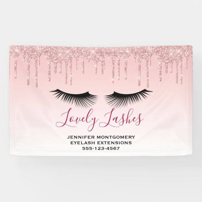 Banderoles Gouttes de paillettes roses modernes et cils noirs (Horizontal)