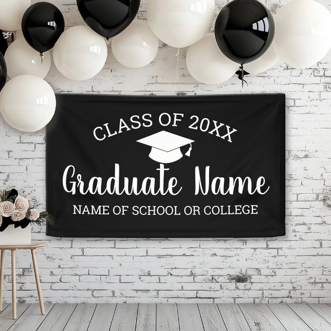 Banderoles Grad Graduate Graduate Script noir blanc (Custom Graduation Banner for a Grad Party or Open House)