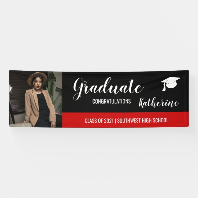 Banderoles Graduate Photo Congratulations Black Red Banner (Horizontal)