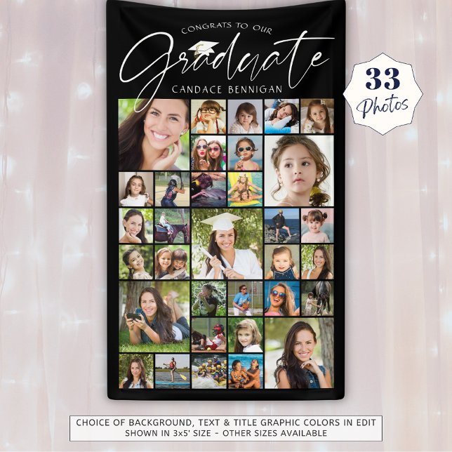 Banderoles Graduation 33 Photo Collage Script noir blanc (Créateur téléchargé)