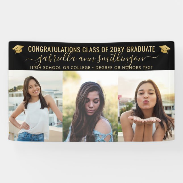 Banderoles Graduation 3 Photo Élégant Script Black Gold (Horizontal)