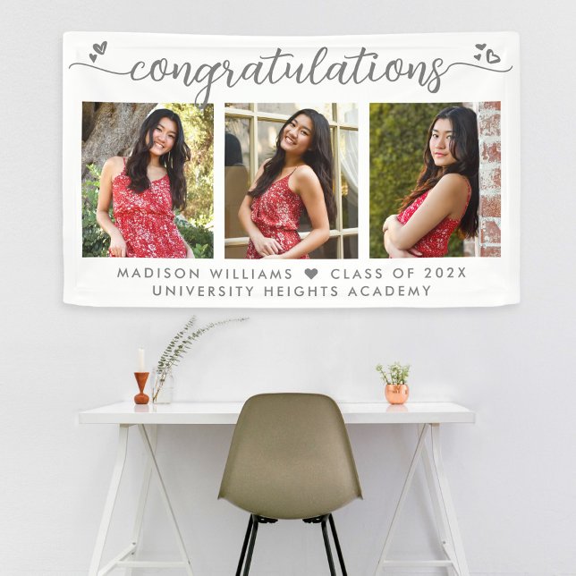 Banderoles Graduation 3 Photo Moderne Gris Calligraphie Coeur (Créateur téléchargé)