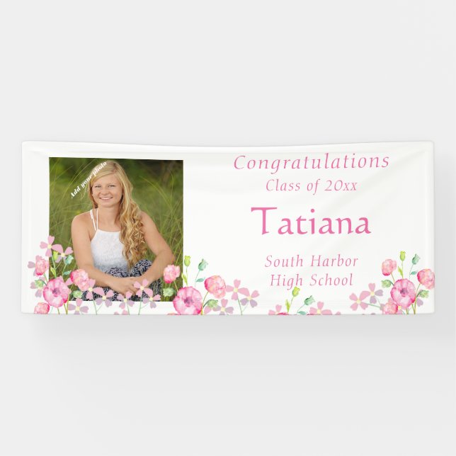 Banderoles Graduation, Aquarelle, Fleur rose, Photo personnal (Horizontal)