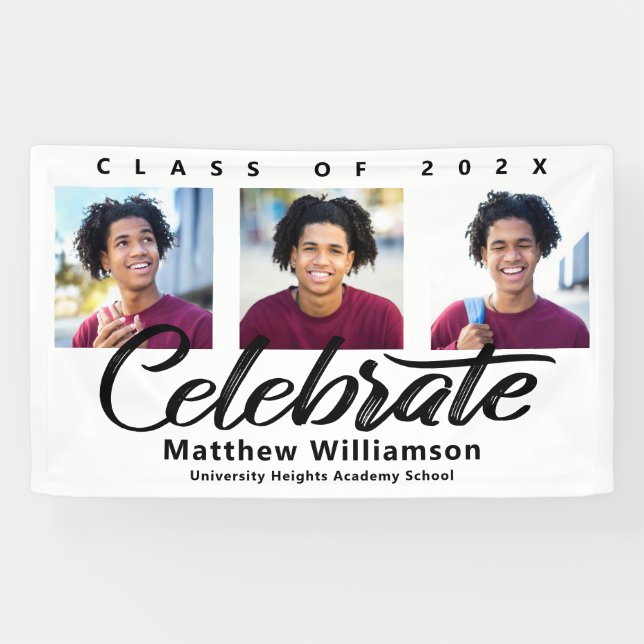 Banderoles Graduation blanche 3 Photo Bold Script noir minima (Horizontal)