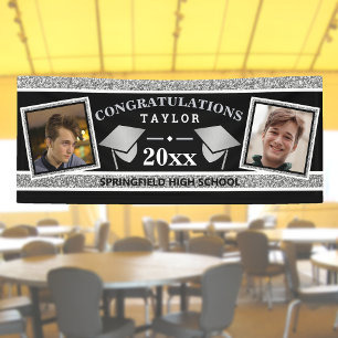 Banderoles Graduation Cap Argent Et Noir Félicitations