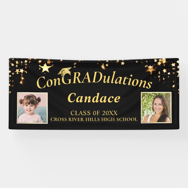 Banderoles Graduation ConGRADulations Photo Gold Stars Noir (Horizontal)