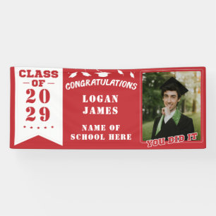 Banderoles graduation customisée rouge 2025 avec nom et photo
