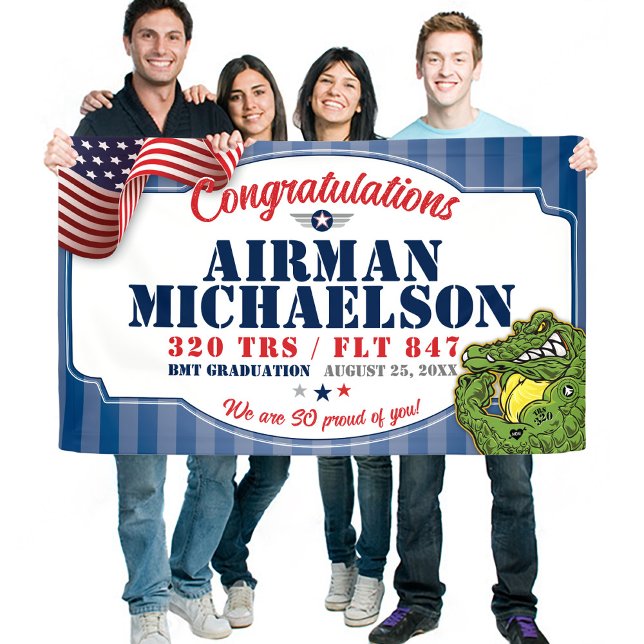 Banderoles Graduation de la Force aérienne 320 TSS Gators Mas (320 TRS Gators Mascot US Air Force BMT Basic Military Training Graduation Vinyl Banner, Proud Mom)