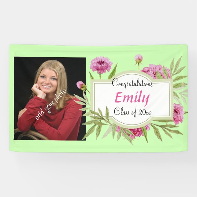 Banderoles Graduation, Élégant rose floral, Photo, Personnali (Horizontal)