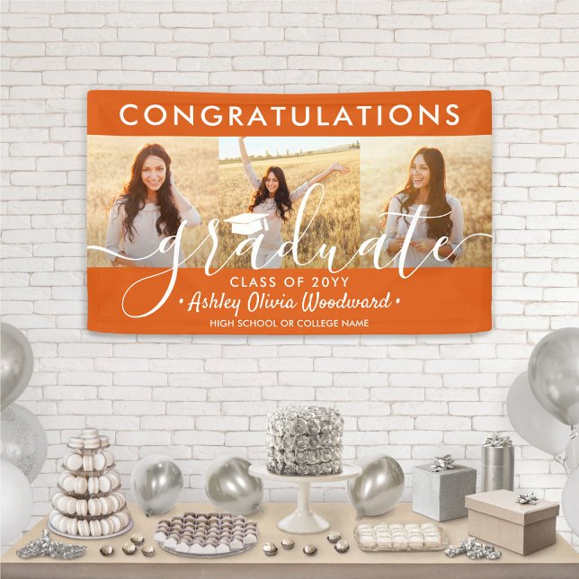 Banderoles Graduation Fêtes 3 Photo Collage Orange & Blanc (Créateur téléchargé)