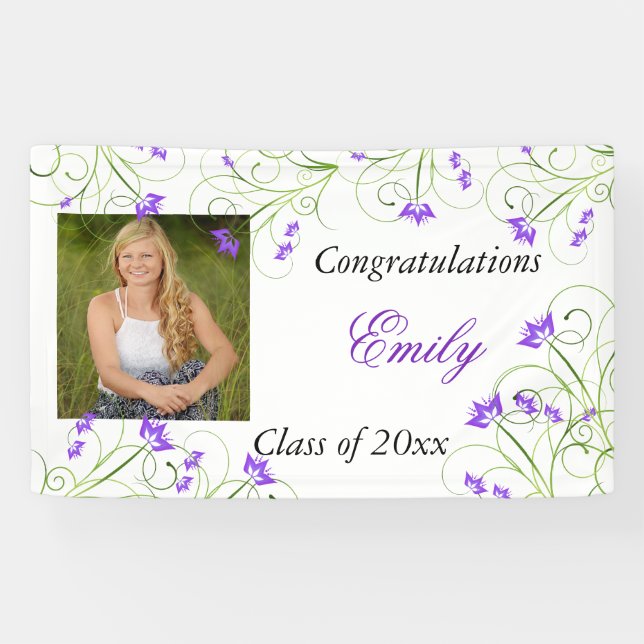 Banderoles Graduation, Floral Violet, Personnalisé (Horizontal)