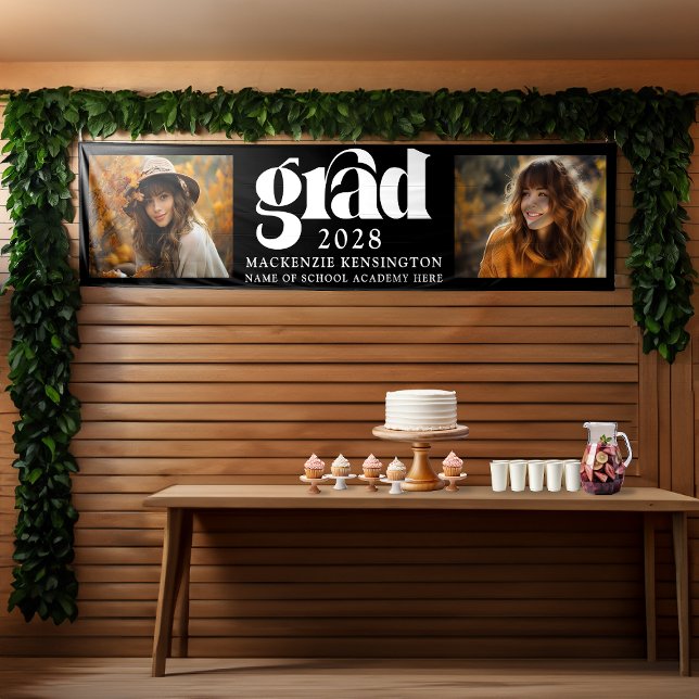 Banderoles Graduation moderne noir et blanc 2 Photo Long (Modern Black and White Graduation 2 Photo Long Banner)