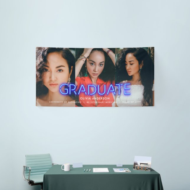 Banderoles Graduation néon bleu multi photo moderne fête (Salon professionnel)