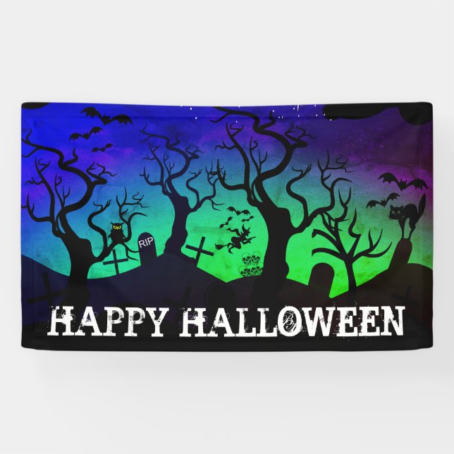 Banderoles Graveyard noir, bleu et vert Halloween (Horizontal)