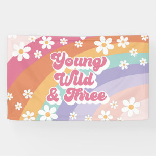 Banderoles Groovy Young Wild Trois Anniversaire Rétro Arc-en-