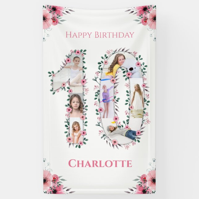 Banderoles Gros 10e anniversaire fille photo Collage Fleur ro (Vertical)