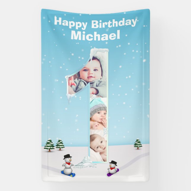 Banderoles Gros 1er anniversaire hiver glace neige Collage ph (Verticale)