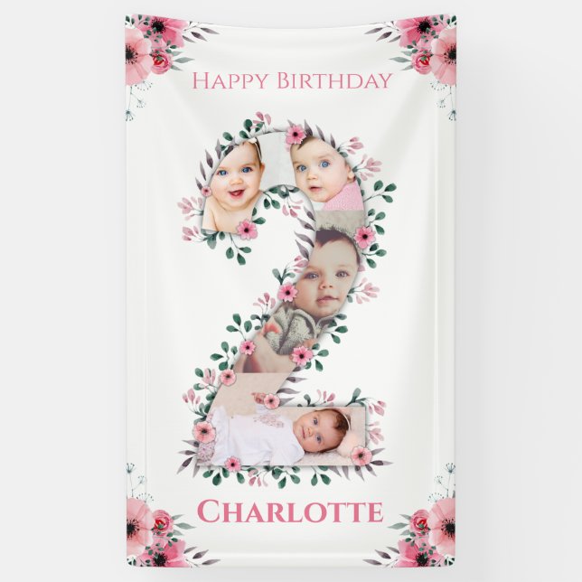 Banderoles Gros 2e anniversaire fille photo Collage Fleur ros (Vertical)