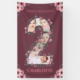 Banderoles Gros 2e anniversaire fille photo Collage Fleur ros