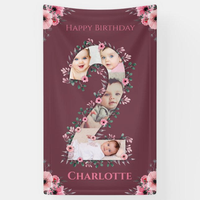 Banderoles Gros 2e anniversaire fille photo Collage Fleur ros (Vertical)